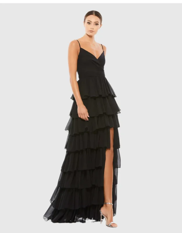 Ieena For Mac Duggal V-neck Sleeveless Maxi Gown With Ruffled Skirt, Thigh-high Slit