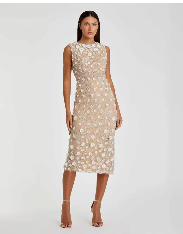 Sand Floral Applique Sleeveless Midi Dress