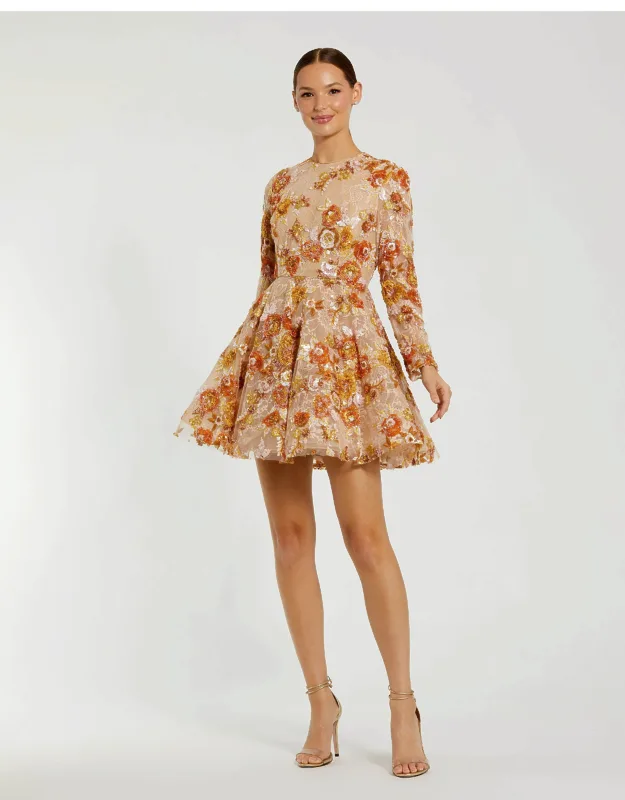 High Neck Long Sleeve Sequin A-line Mini Dress With Dazzling Sequin Detailing And Flattering A-line Silhouette