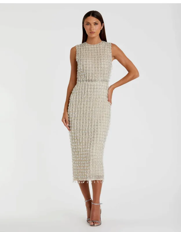 Beige Sleeveless High Neck Beaded Midi Sheath Dress With Back Slit And Beaded Waist Detail