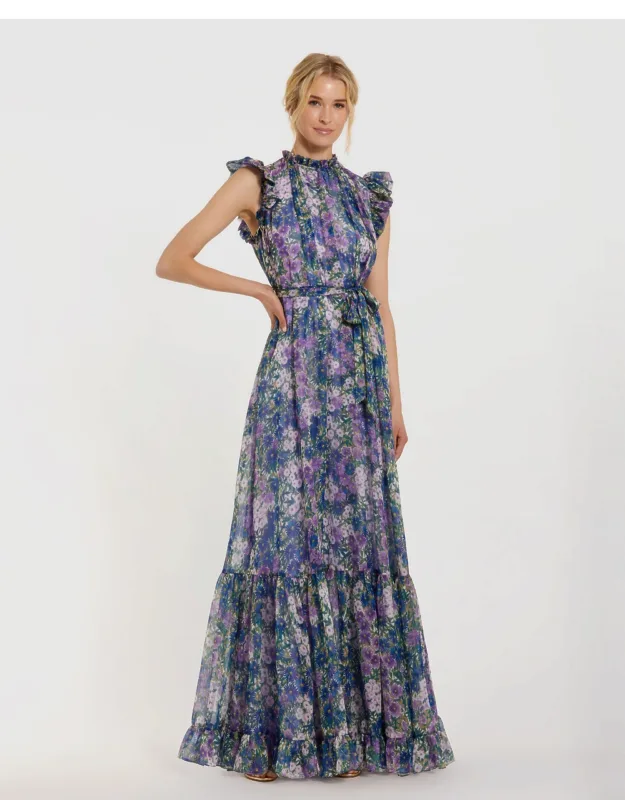 Printed Chiffon Ruffle Sleeve Maxi Gown With Bow Belt