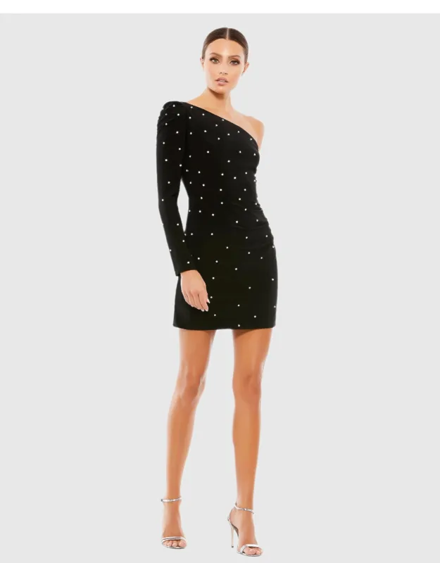 Rhinestone Encrusted One Shoulder Long Sleeve Wedding Guest Mini Dress