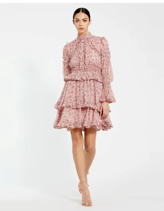 Long Sleeve Open Front High Neck Ruffle Mini Dress