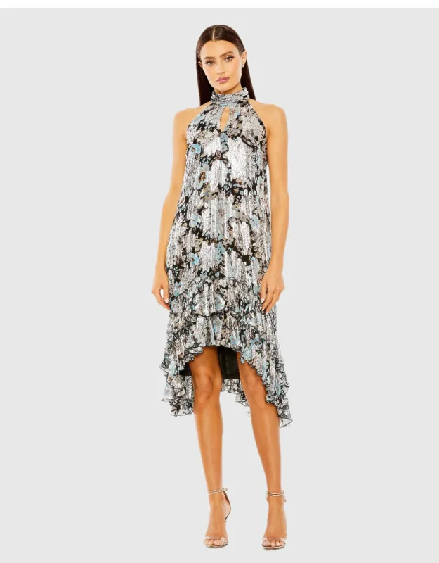 High Neck Keyhole A-line Floral Ruffle Mini Dress