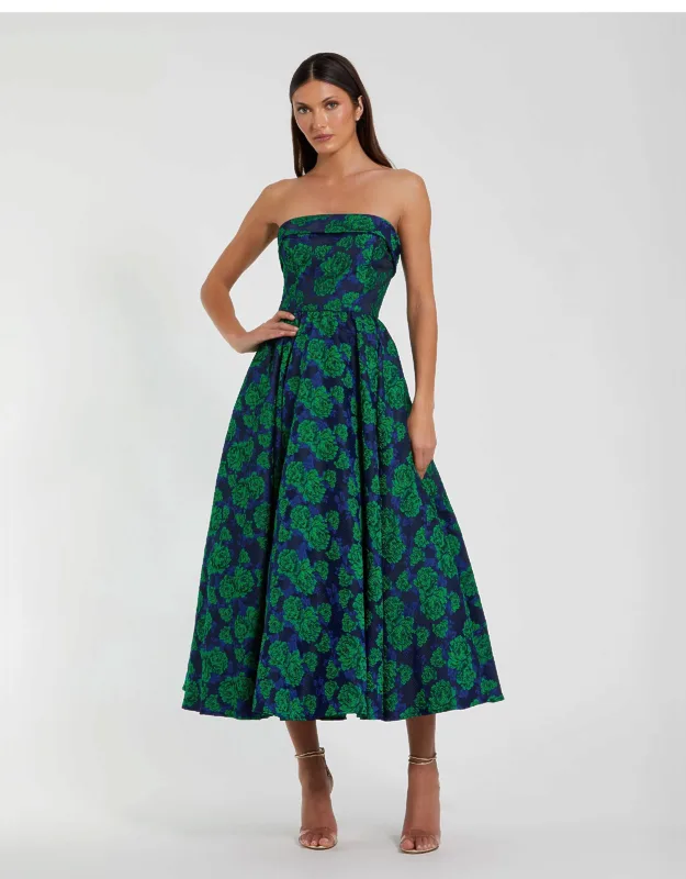 Brocade Strapless A-line Wedding Guest Midi Dress