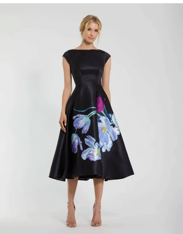 Satin Cap Sleeve Wedding Guest Midi Dress With Floral Print