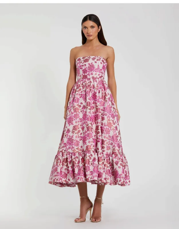 Floral Brocade Strapless A Line Wedding Guest Midi Dress