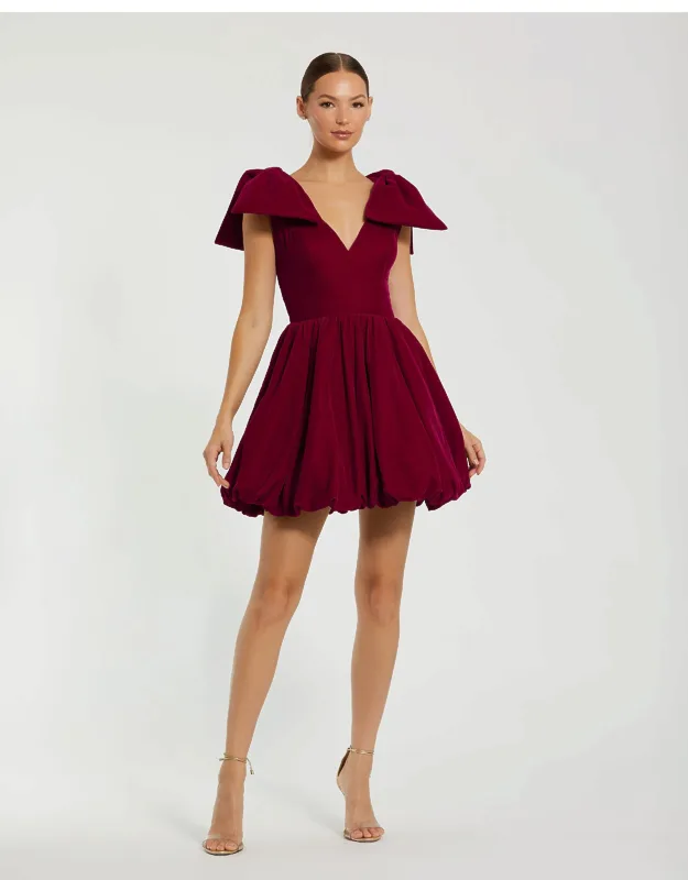 Shoulder Bow Velvet Bubble Wedding Guest Mini Dress