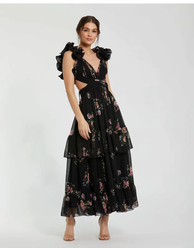 Ruffle Tiered Cut-out Floral Print Chiffon Dress