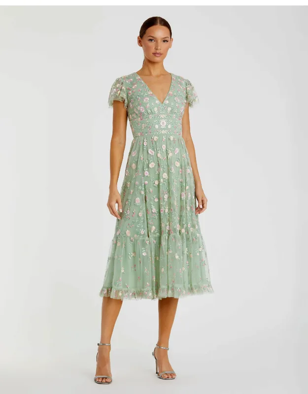 Mac Duggal Multicolor Embroidered V Neck Cap Sleeve Midi Dress With Floral Detailing And Ruffle Hem