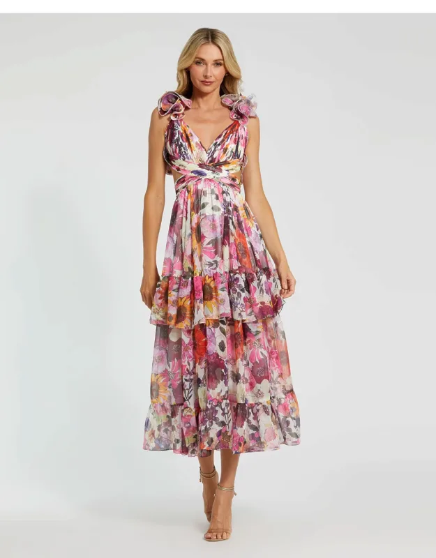 Ruffle Tiered Cut-out Floral Chiffon Wedding Guest Dress