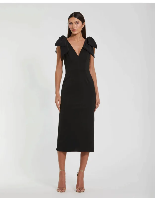 Bow Strap Crepe Fitted Wedding Guest Midi Dress