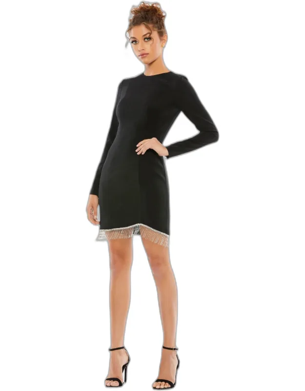 Long Sleeve Asymmetrical Beaded Fringe Hem Mini Dress