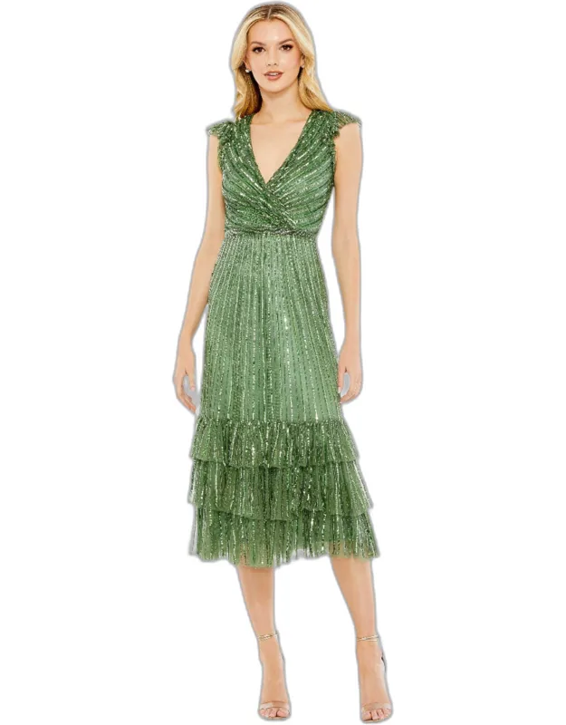 Sequined Wrap Over Cap Sleeve Ruffle Hem Wedding Guest Dress