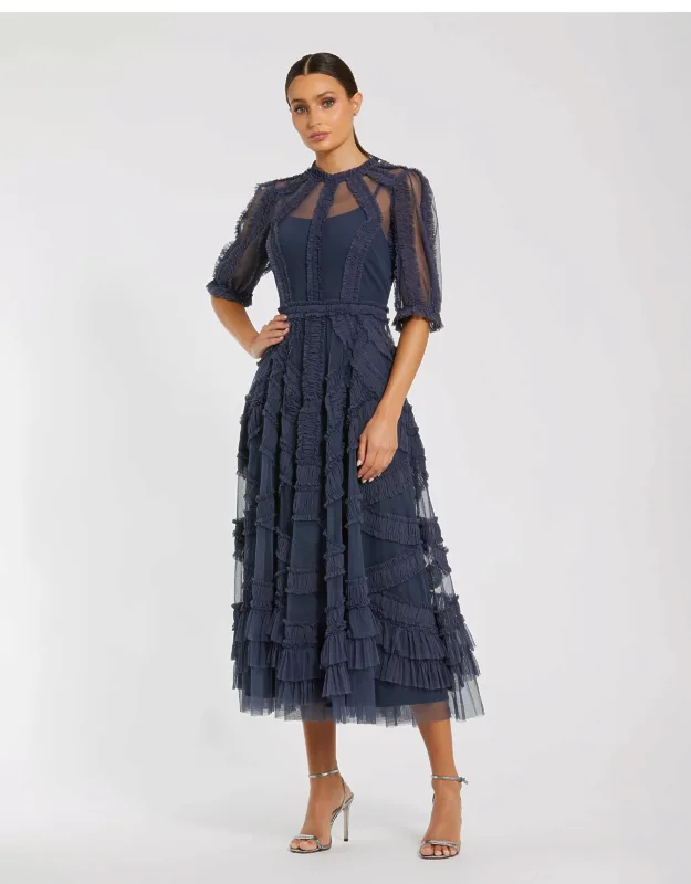Mac Duggal High Neck Midi Dress With Illusion Neckline And Sheer Sleeves