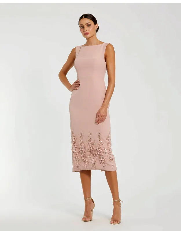Mac Duggal Pink Crepe Dress With Flower Beading, Stunning And Elegant