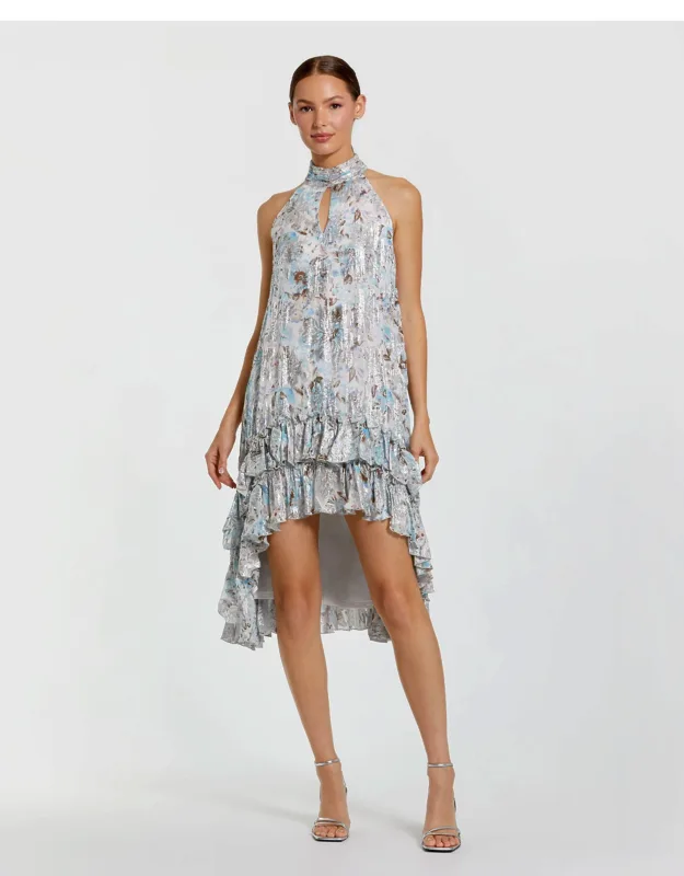 Multicolor Floral High Neck Keyhole A-line Ruffle Mini Dress