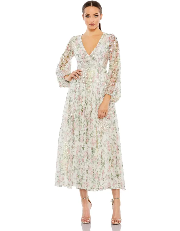 Embellished Floral Print Faux Wrap A Line Dress