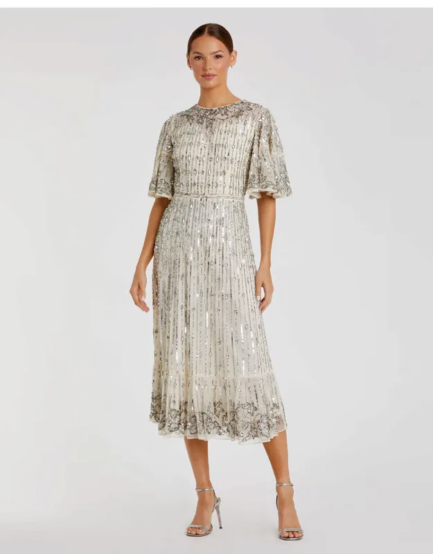 Flounce Sleeve Midi Dress With Beaded Waist Detail And Illusion High Neckline