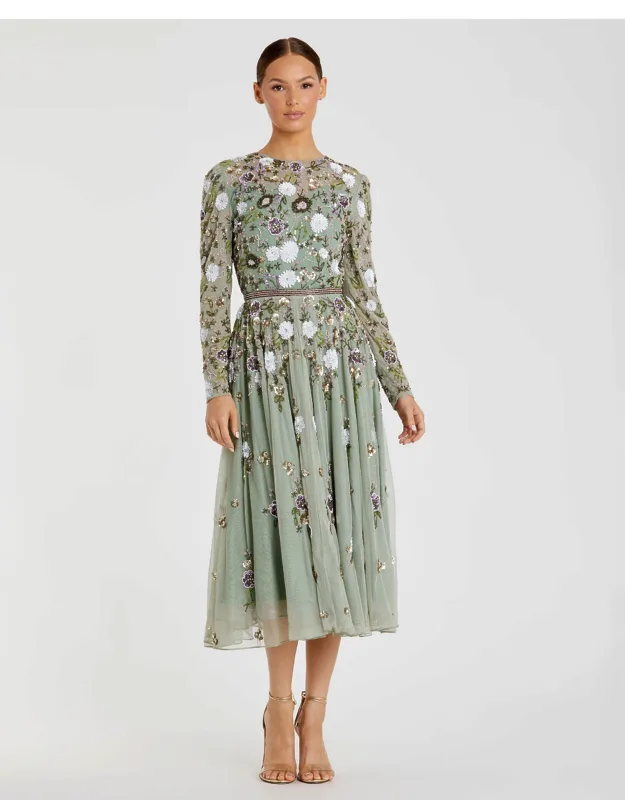Sequined Floral Long Sleeve High Neck Midi Dress