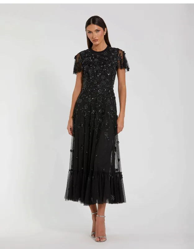 Embellished High Neck Cap Sleeve A Line Dress