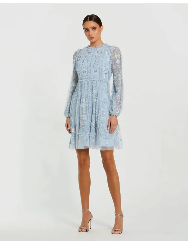 Floral Mesh Long Sleeve Micro Ruffle Mini Dress