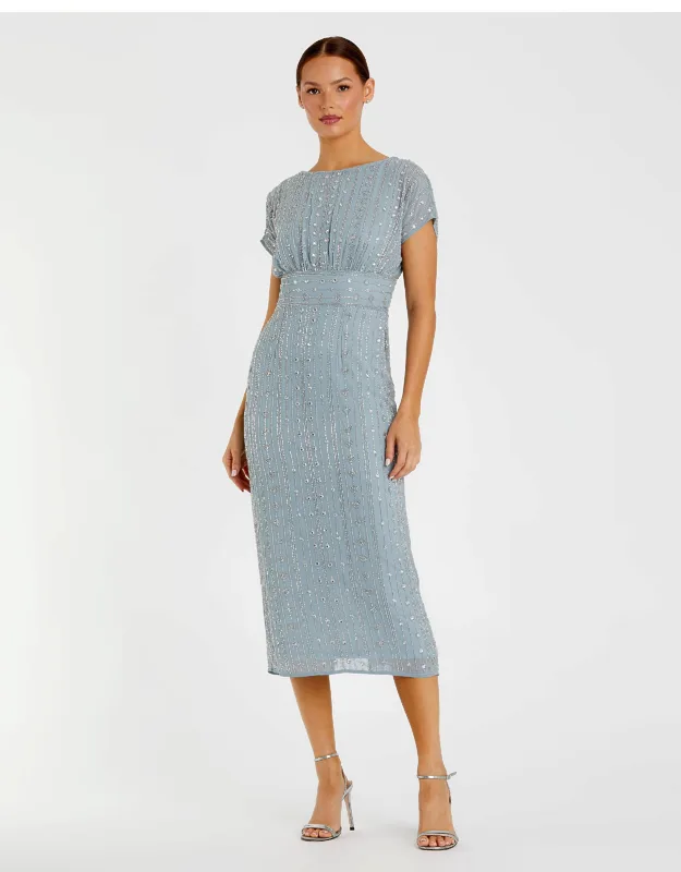 Mac Duggal Blue Beaded Cap Sleeve Empire Waist Sheath Midi Dress With Gorgeous, Intricate Beading