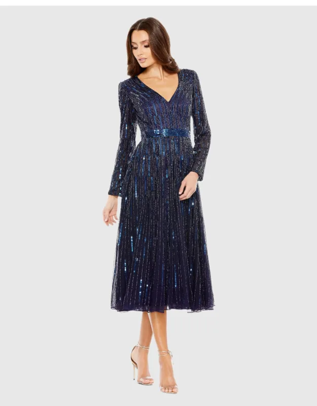 Tea Length Dress With Sequin Detailing And V-neck