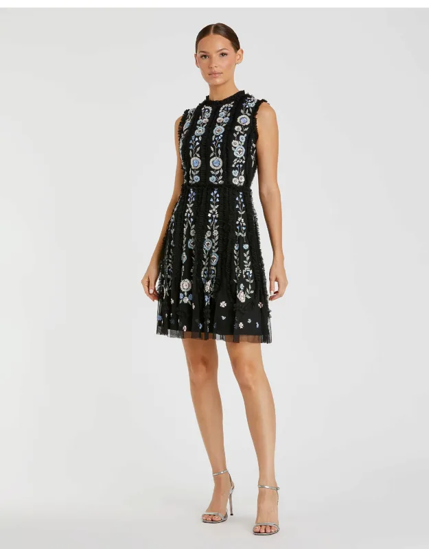 Mac Duggal High Neck Embroidered Mini Dress With Floral Embroidery And Ruffled Frill