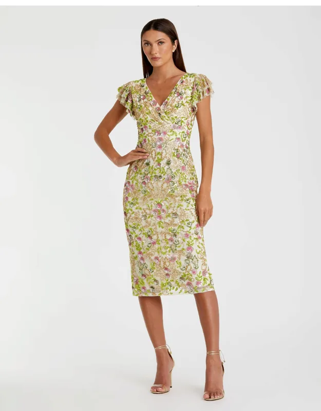 Mac Duggal Floral Embellished Flutter Cap Sleeve Dress With Hand-stitched Sequins And Concealed Back Zipper