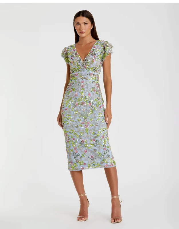 Floral Sequin Embellished Flutter Cap Sleeve Wedding Guest Dress