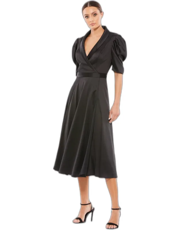 Satin Lapel Puff Sleeve Tea Length Wedding Guest Dress
