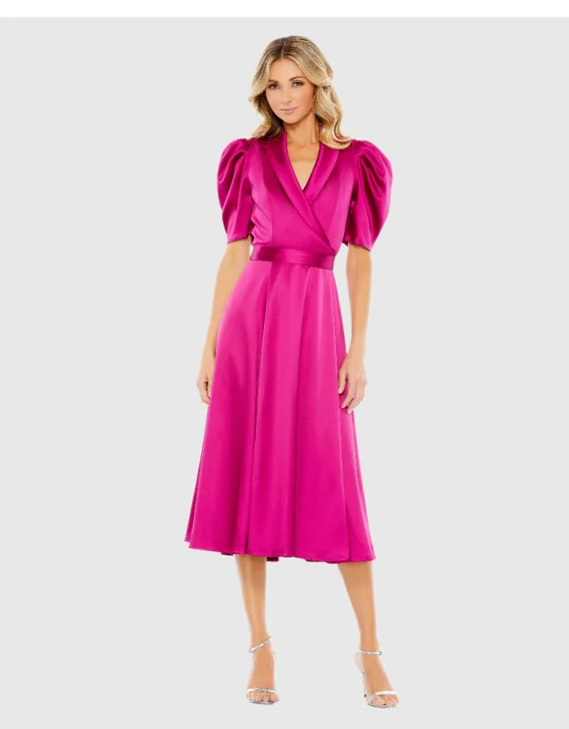 Hot Pink Satin Lapel Puff Sleeve Tea Length Wedding Guest Dress