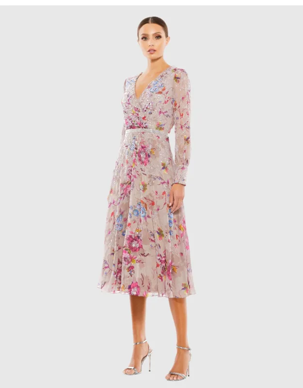 Hand Embellished Floral Long Sleeve Wedding Guest Midi Dress