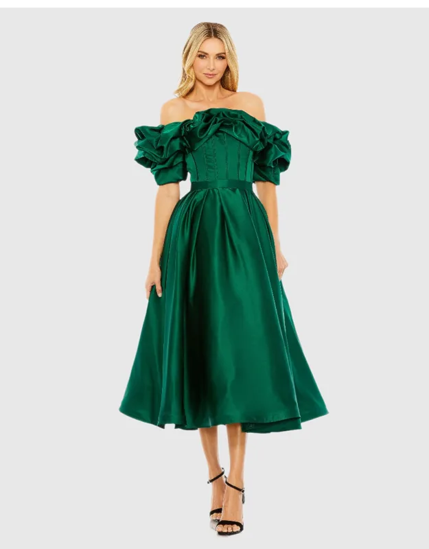 Mac Duggal Off The Shoulder Tea Length Dress With Luxurious Satin Fabric And Elegant Neckline