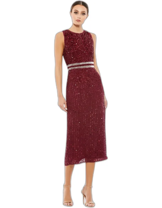 Dark Red Sleeveless High Neck Beaded Midi Sheath Dress With Back Vent Slit And Fully Lined Bodice