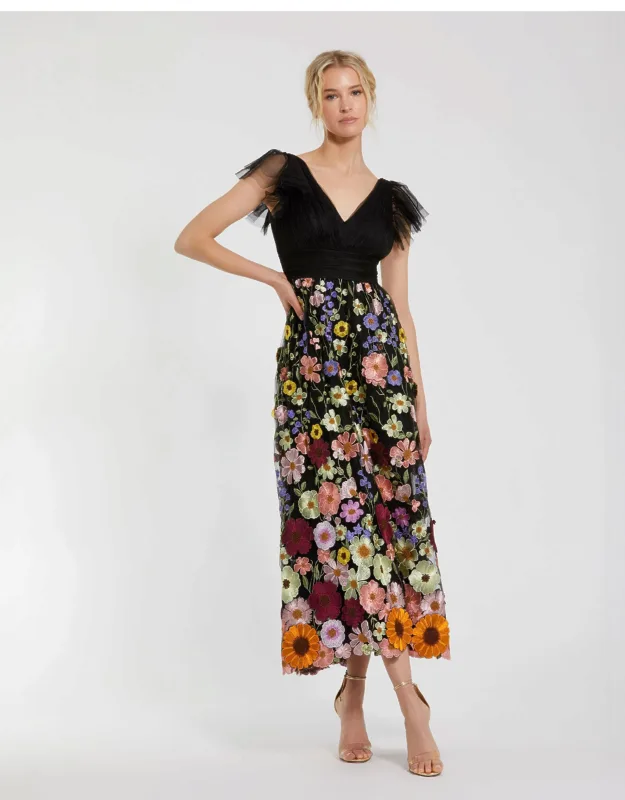 Embroidered Ruched Flutter Sleeve A Line Dress