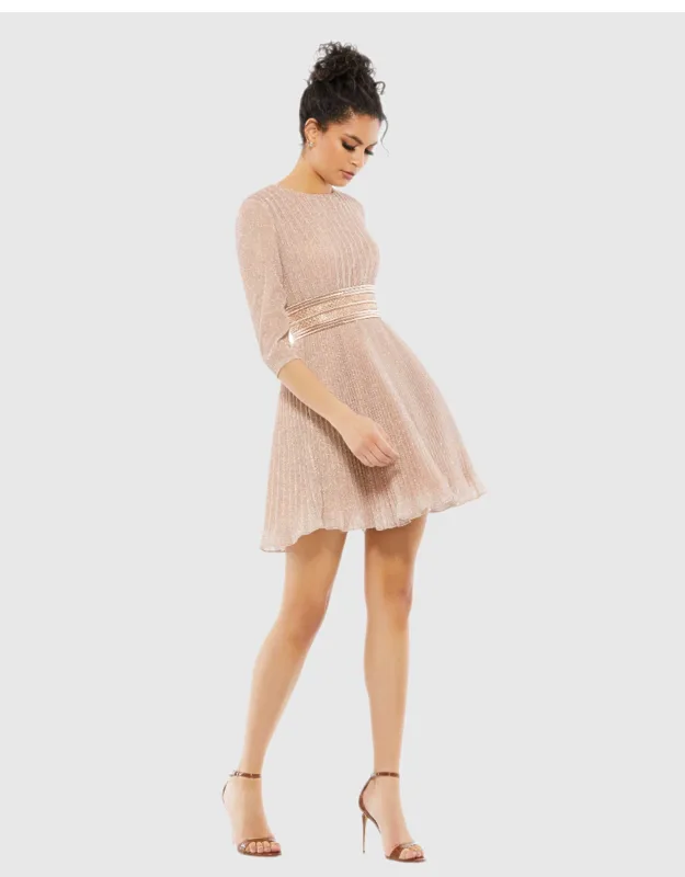 Ieena For Mac Duggal Pleated Mini Dress With Embellished Waist And Elbow-length Sleeves
