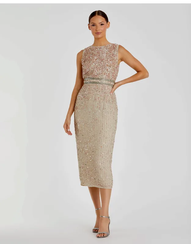 Sleeveless High Neck Beaded Midi Sheath Wedding Guest Dress