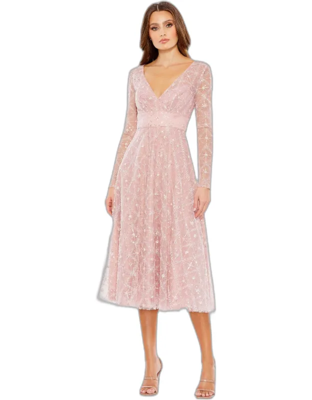 Embellished Illusion Long Sleeve Dress
