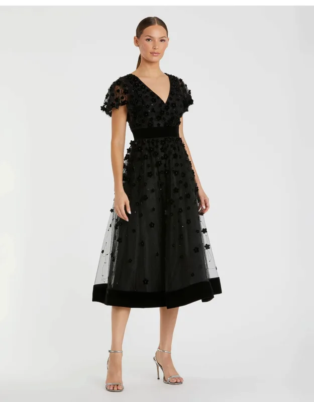 Mac Duggal Black Embellished V-neck Flutter Sleeve Dress