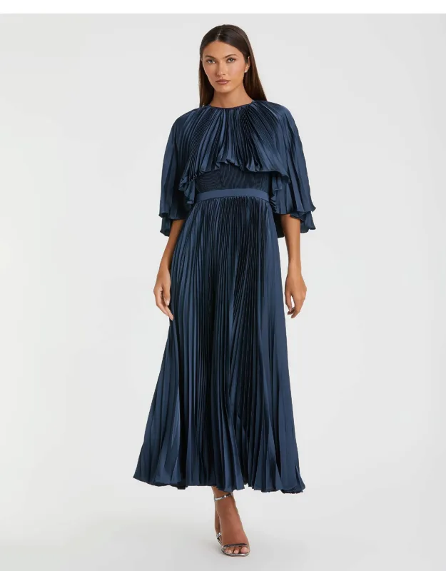 Pleated Caplet Tea-length Dress With High Neckline And Cape Sleeve