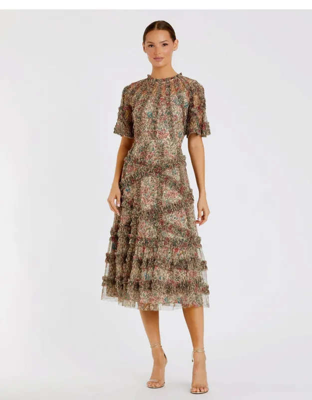 Floral Flutter Sleeve Mesh Print Dress