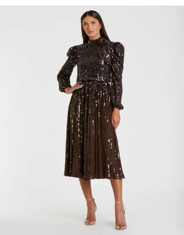 Long Sleeve Sequin Tea Length Wedding Guest Dress