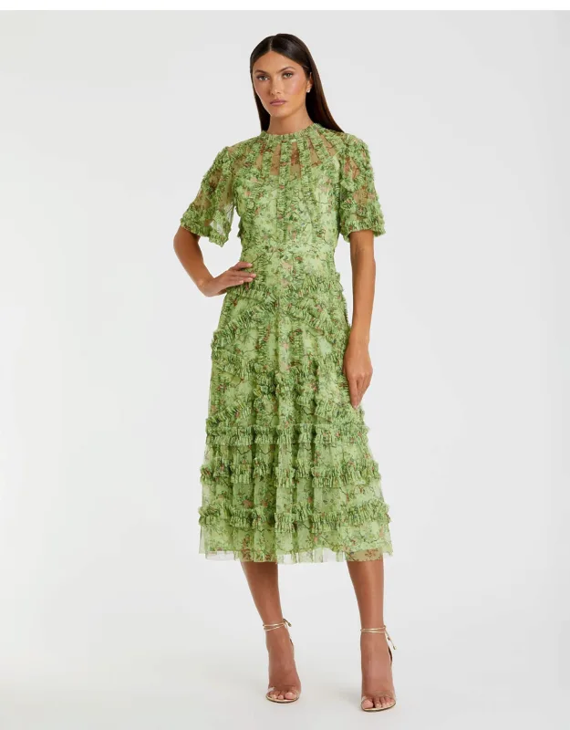 Floral Flutter Sleeve Mesh Print Wedding Guest Dress