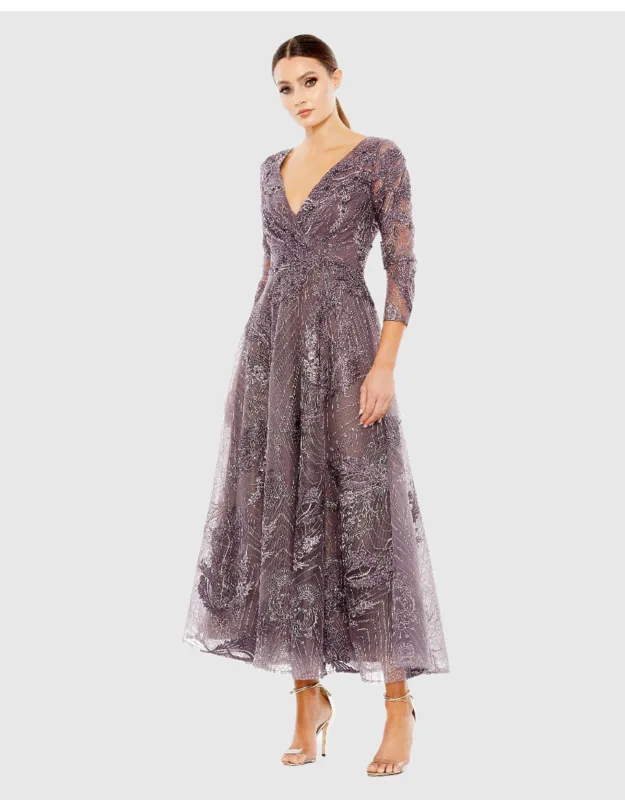 Embellished Wrap Over 3/4 Sleeve Dress