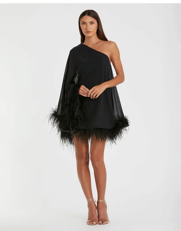 One Shoulder Trapeze Dress With Feather Trim