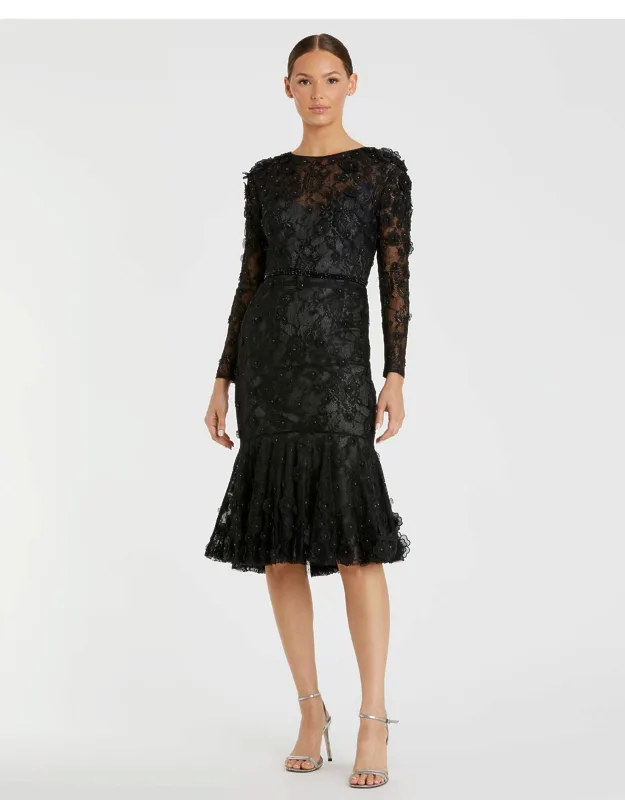 Floral Appliqué Long Sleeve Cocktail Wedding Guest Dress
