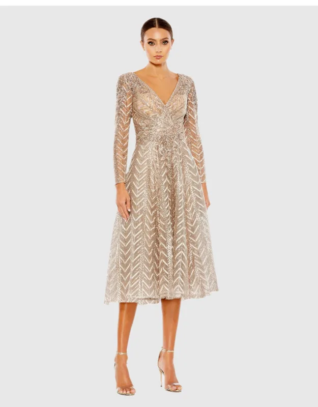 Mac Duggal Beige Embellished Long Sleeve Wrap Over Dress With Sequin-embroidered Fabric And V-neckline