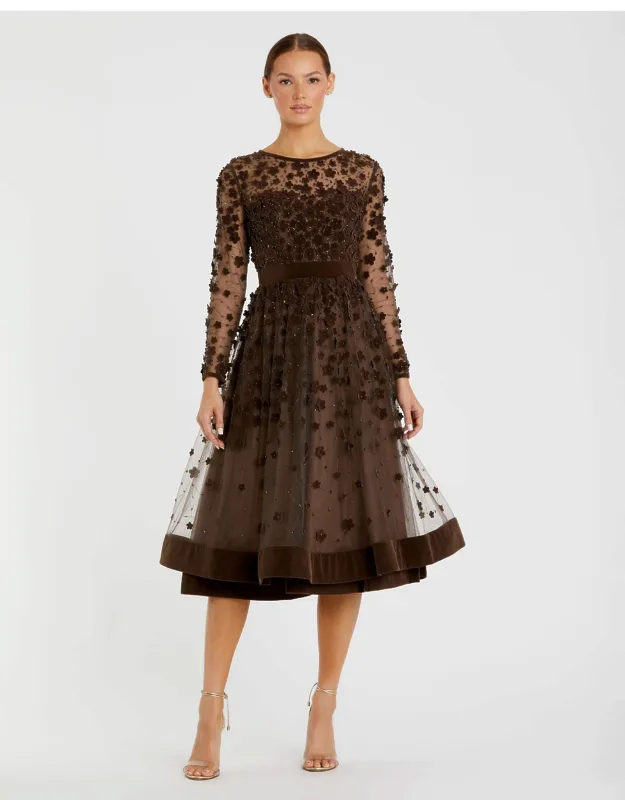 Mac Duggal Brown Embellished Illusion High Neck Long Sleeve Fit & Flare Dress - Elegant Tea-length Cocktail Dress With 3d Floral Detailing